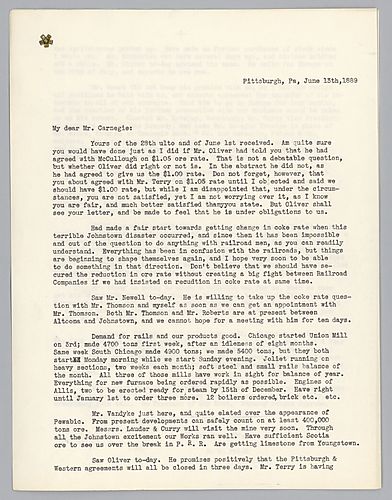 Frick discusses ore rates; relations with railroad companies; coke production; internal business relations; negotiations with Amalgamated and the makes reference to the Johnstown flood