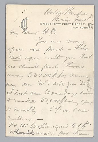 Writing from Paris, France, issues pertaining to the rate of ore, the rate of coke prices and the buying of stock. In the same letter he also addresses Carnegie Brothers and Company on Pewabic mine