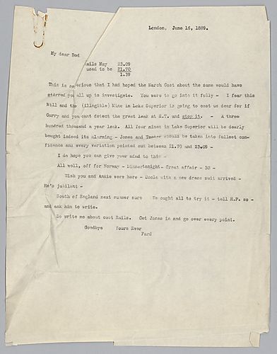 Writing from London, England, [Carnegie] voices concern over financial losses at Lake Superior mines and comments on his travels in Europe