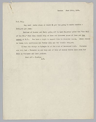 Writing from London, England, Carnegie discusses financial losses at Lake Superior mines