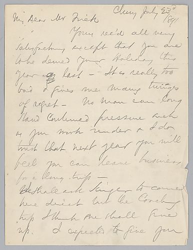 Writing from Cluny Castle in Scotland, Carnegie discusses his business partners vacationing with him at Cluny; discusses business in Great Britain and Europe; he inquires about the health of Frick's daughter Martha and advises helping [William] McKinley i