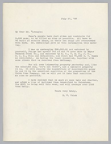 Frick informs Carnegie about property bonds and Pennsylvania Railroad contracts