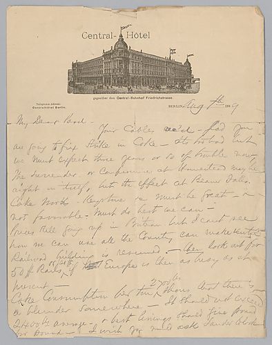 Writing from Berlin, Germany, Carnegie discusses coke and rail prices and negotiations. He also talks of his stay Berlin and Russia