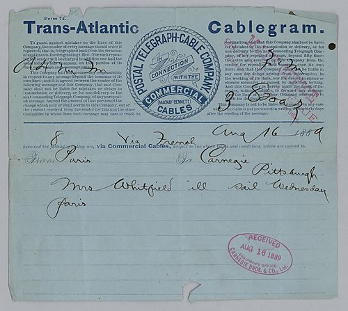 [Carnegie] sends cable from Paris indicating that his [wife Louise] Mrs. Whitfield is ill and they will set sail on Wednesday