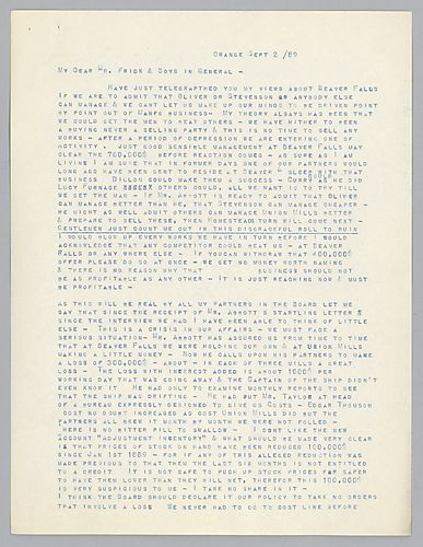 Carnegie discusses his displeasure over the management and losses sustained at the Beaver Falls, [Pa.] mill