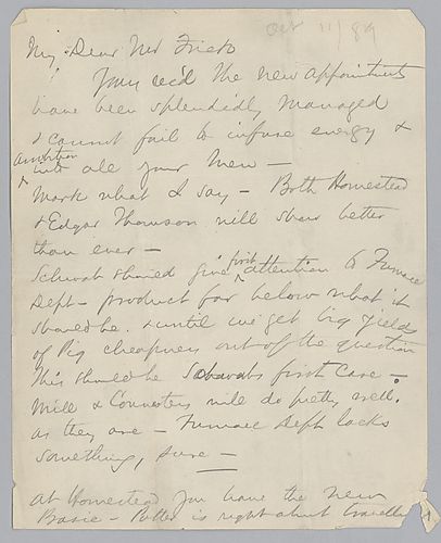 Carnegie advises Frick about the operation of the Edgar Thomson and Homestead works and discusses matters pertaining to coke prices and properties