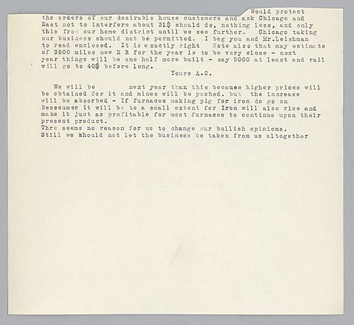 Writing from New York, Carnegie discusses the production and price of steel rails and about competition from Chicago