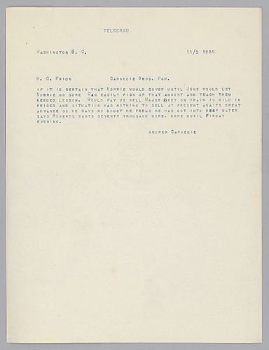 Writing from Washington, D.C., Carnegie informs Frick about undisclosed business dealings
