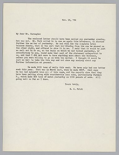 Frick informs Carnegie of discussion a with Mr. Park from [Allegheny Steel Company] and reports the how many tons of rails were produced that week