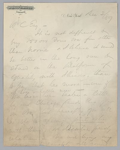 Writing from New York, Carnegie discusses the purchase of ore and competitors in Chicago