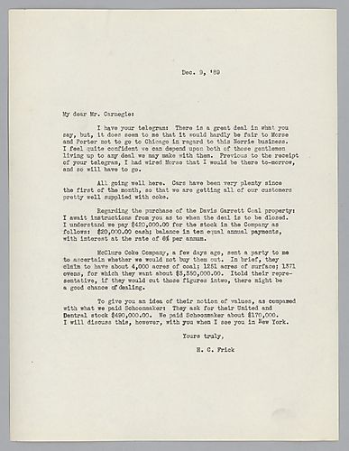 Frick discusses the purchase of the Davis Coal property and negotiations to buy out McClure Coke Company
