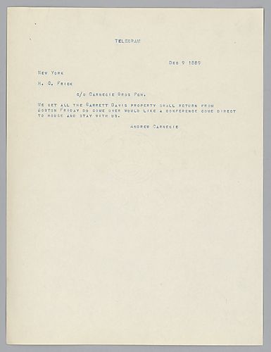 Carnegie mentions the purchase of Garret Davis property and announces he will return to Boston to [Pittsburgh]. On his return from Boston, Carnegie requests a conference with Frick
