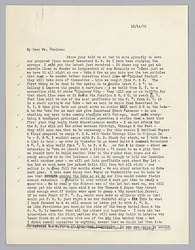 Carnegie writes on the various possibilities for new rail supply lines for coke to his mills. Also, potential problems with Chicago based railways rate noted. He further mentions a few men he thinks highly of in his mills