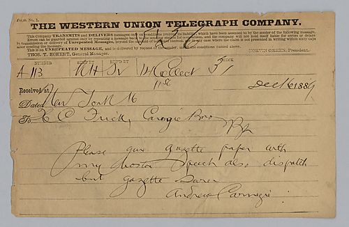 Carnegie writes from New York to instruct Frick to give the Gazette newspaper and the Dispatch a copy of his Boston speech