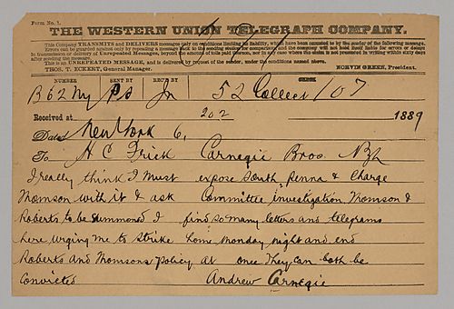 Carnegie writes to Frick about his decision to bring legal action against "South Penna" and Thomson