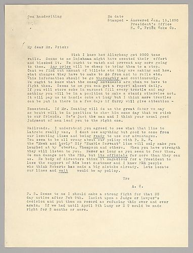 Carnegie writes on competition with Allegheny and efforts to beat them. He also instructs Frick on dealing with the Pennsylvania Rail Road