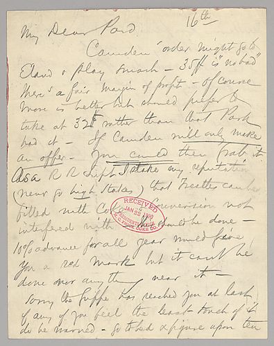 Carnegie writes on working to get Camden's business. He also warns about "the grippe" and staying healthy
