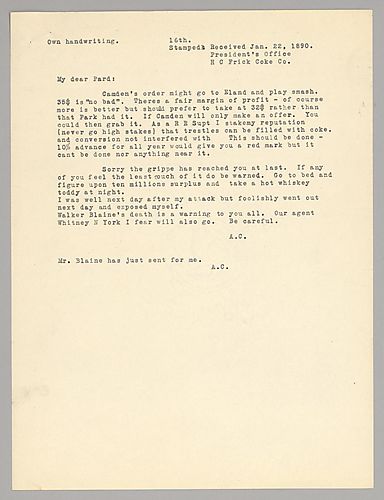 Carnegie writes on working to get Camden's business. He also warns about "the grippe" and staying healthy