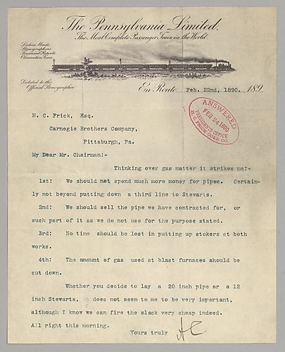 Carnegie writes on pipes for gas and reducing gas consumption in the blast furnaces