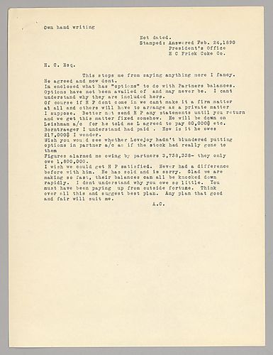 Carnegie writes on the balances of various partners and how much they owe