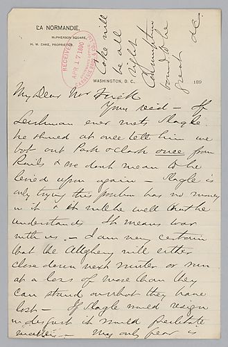 Carnegie writes from Washington D.C. on tactics to out compete Allegheny Steel as well as to protect his right to produce rails for Pittsburgh