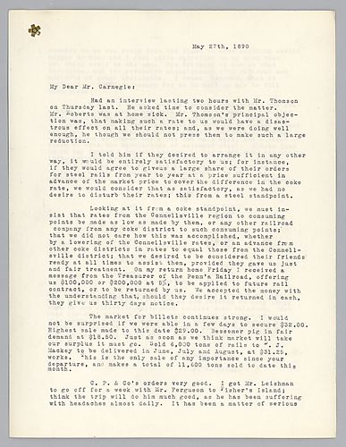 Frick writes on the agreement reached with Pennsylvania Railroad over coke transportation. He also lists the cash and bills receivable for Carnegie Brothers and Company, Carnegie Phipps and Company, and the Frick Coke Company