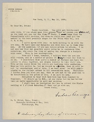 Carnegie writes from New York, [N.Y.] on continuing his efforts to persuade Frick to build his own Coke railroad. He also gives his feelings on the ore men's possible price reductions. In a handwritten post-script he writes, "Coke rates or."
