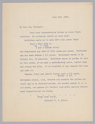 Frick writes on the Armor Plate order details from Bethlehem [Pa.]