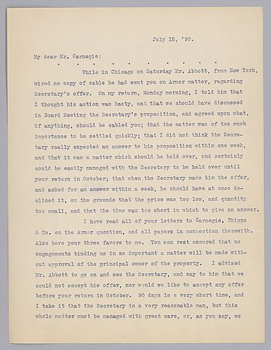 Frick writes on his dealings with the Naval Secretary about armor plating