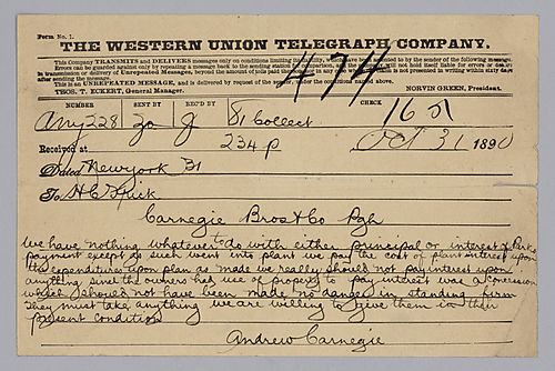 Carnegie instructs Frick to make no concessions in payment of interest to Parks, as he is not in a condition to demand it