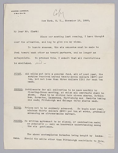 Carnegie writes from New York, [N.Y.] on agreements he feels should be made between partners. These deal with consolidating mill funds and steel price arrangements. In a handwritten post-script he writes of the importance of keeping equity with Chicago