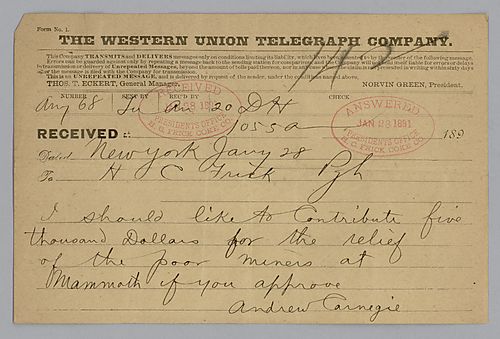 Writing from New York, Carnegie states he would like to contribute five thousand dollars in relief to Mammoth mine workers
