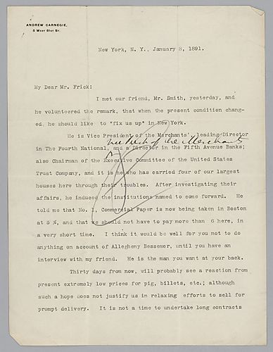 Writing from New York City, Carnegie discusses a meeting in New York with a Mr. Smith, a leading Director of the Fourth National, a Director of the Fifth Avenue Banks, Chairman of the Executive Committee of the United States Trust Company and Vice Preside