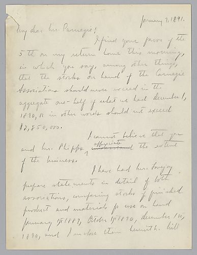 Frick indicates that on his request Mr. Lovejoy has prepared a statement of both [Carnegie Brothers and Company and Carnegie, Phipps and Company}, which compares stock of finished product and material for use on January 1, 1890, October 1, 1890 and Decemb