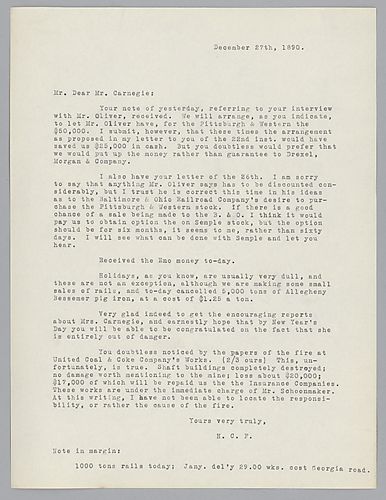 Frick discusses financial matters involving Baltimore and Ohio Railroad Company and their interest in purchasing Pittsburgh and Western. He also discusses the sale of rails and pig iron, the health of Mrs. Carnegie and the accident at the United Coal and 