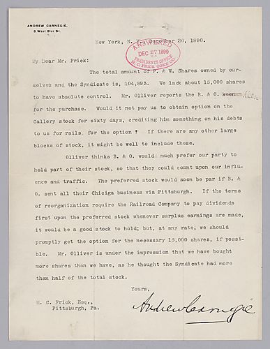Carnegie writes from New York to propose the acquisition of 15,000 Pennsylvania and Western shares and thereby gain absolute control