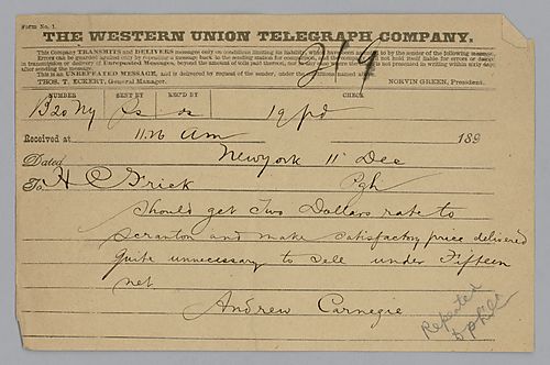 Carnegie writes that Frick should get $2 USD rate to ship to Scranton with no price under $15 USD net