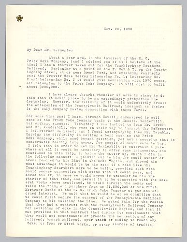 Frick writes to inform Carnegie of endeavors to build a Southern Youghiogheny Railroad