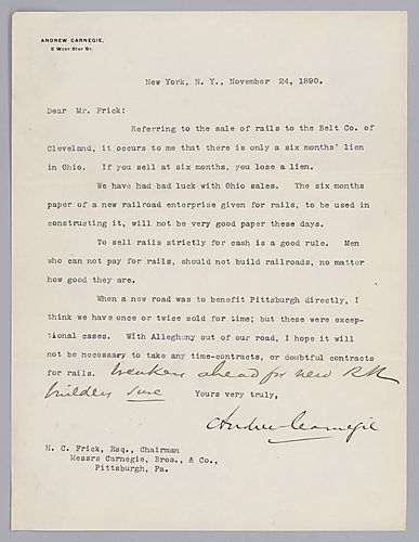 Carnegie writes from New York, [N.Y.] to advice Frick to only sell rails for cash as he believes the market will weaken