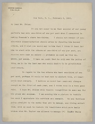 Writing from New York, Carnegie discusses young partners and the percentage of their shares in the company