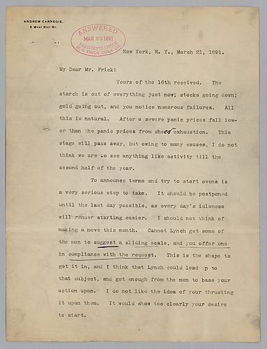 Writing from New York, Carnegie discusses falling prices and stock, Baltimore and Ohio Railroad deal and the production of plate armor. A handwritten note at the end of the letter mentions a visit to Pittsburgh, Pa. in early April