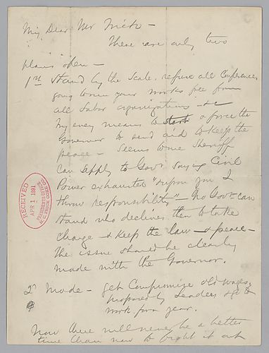 Carnegie advises Frick on labor issues, stating there are two plans open to pursue. The first concerns standing by a set scale, running works free from all labor organizations and pressuring the governor to send aid to keep the peace. The second option co