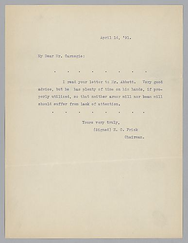 Frick informs Carnegie that he has read his letter of advice to Mr. Abbott and concurs with his advice