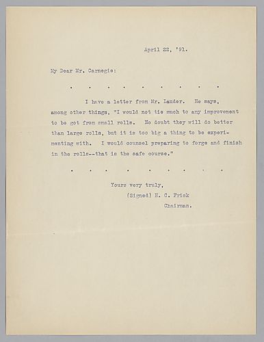 Frick discusses a letter received from Mr. Lauder in which he advises on the forging small and large rolls