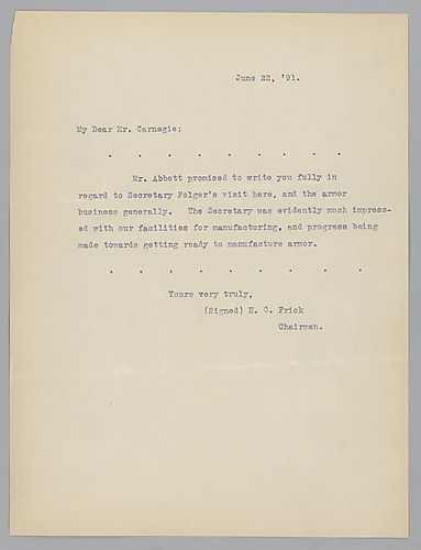 Frick discusses a visit from Secretary Folger regarding the manufacturing of armor