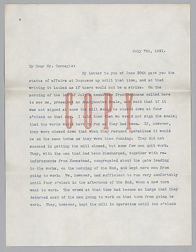 Writing to Carnegie at Cluny Castle, Scotland, Frick provides a detailed account of a strike at Duquesne works and the negotiations to resolve it. The enclosed statements and newspaper clippings are not present
