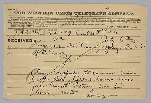 Writing from Kingussie, [Scotland], [Carnegie] sends a message responding to Frick at Cresson, [Pa]