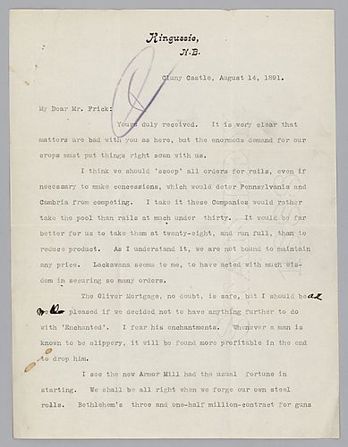 Writing from Cluny Castle, [Scotland], Carnegie discusses orders for rails, the Oliver Mortgage and armor mill. Handwritten note at the end of the letter that states, [W.H.] Singer's "family left us week ago-had a good time."