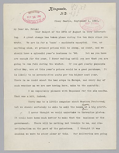 Writing from Cluny Castle, Kingussie, [Scotland], Carnegie states, "we are in for a boom," predicting a profitable year in business in 1892. Also, he advises on and discusses the Harvey process for producing [armor] plates for the government