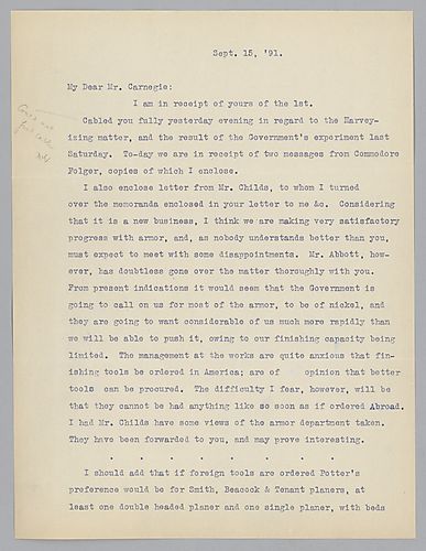 Frick informs Carnegie of the progress made in the production of armor for the government. The two messages from Commodore Folger and a letter from Mr. Childs, which Frick says he has enclosed are not present